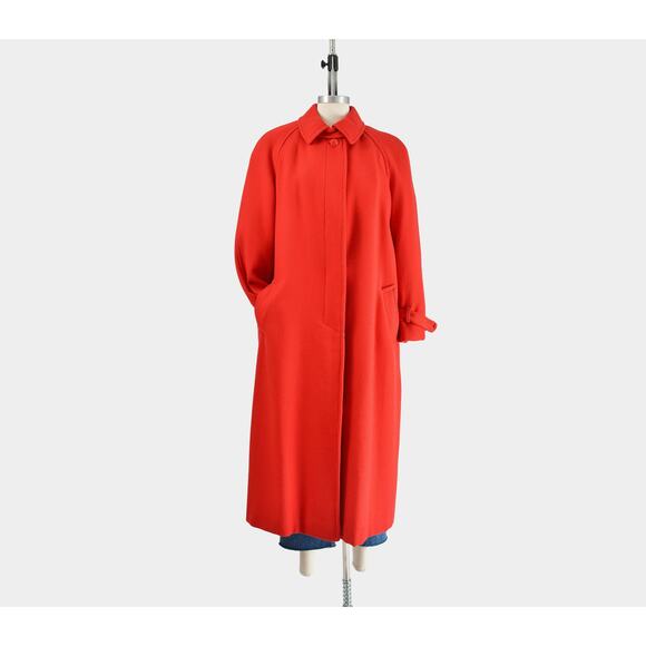 Vintage 80s Red Wool Coat Full Length Long Winter Coat with Tartan Plaid Liner L - Picture 2 of 9